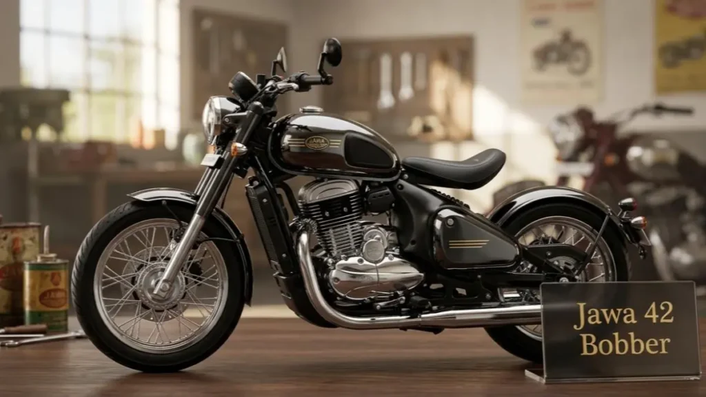 Jawa 42 Bobber on a stylish desk showcasing its classic single-seat design.