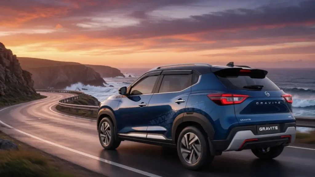 Side profile of Nissan Gravite showcasing its practical ground clearance and compact dimensions.