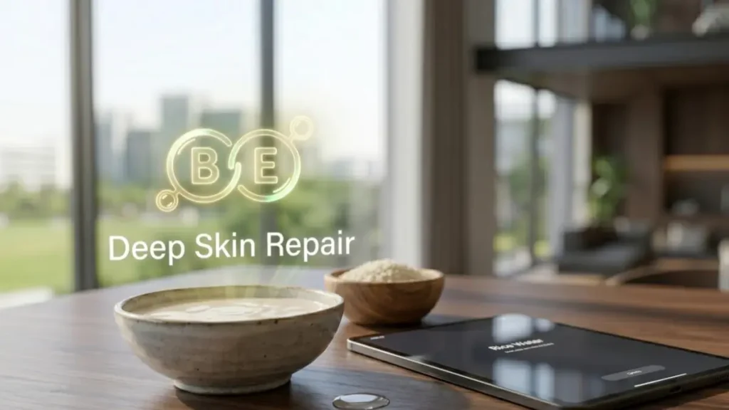 Sun Tan Removal: Rice water on a desk representing essential vitamins for skin repair.