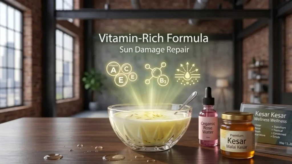 Saffron-infused milk on a desk representing its antioxidant and skin-repair properties.