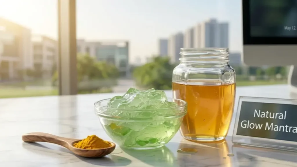 Fresh aloe vera gel and turmeric powder on a stylish desk representing natural skincare.