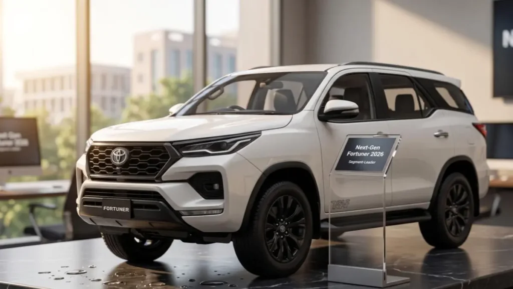 Next-Gen Toyota Fortuner 2026 on a stylish desk highlighting its aggressive new design.