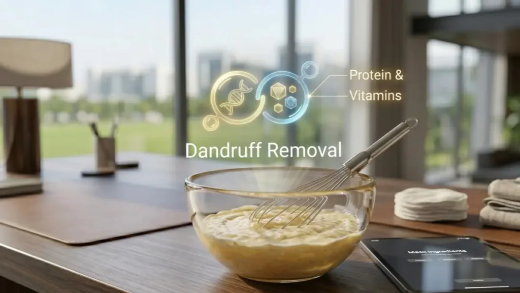 Egg and curd mask on a desk representing scalp cleansing and dandruff removal.