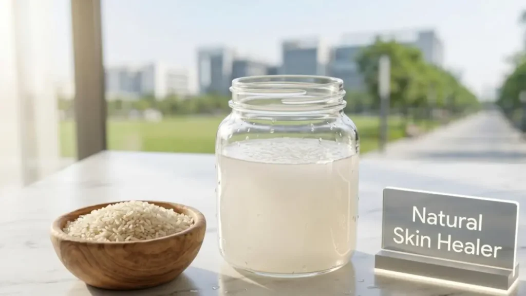 Fresh rice water and grains on a stylish desk representing natural skincare.