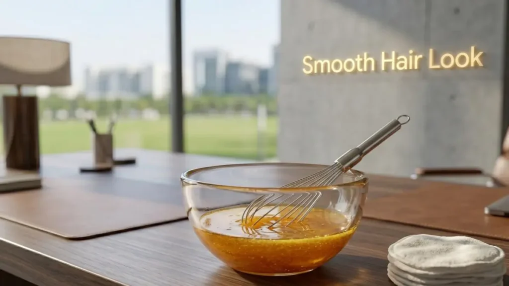 Egg and honey hair mask preparation on a desk highlighting smooth hair benefits.