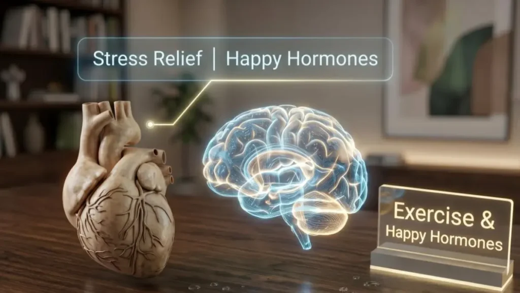 Heart and brain models on a desk representing the mental and cardiovascular benefits of exercise.