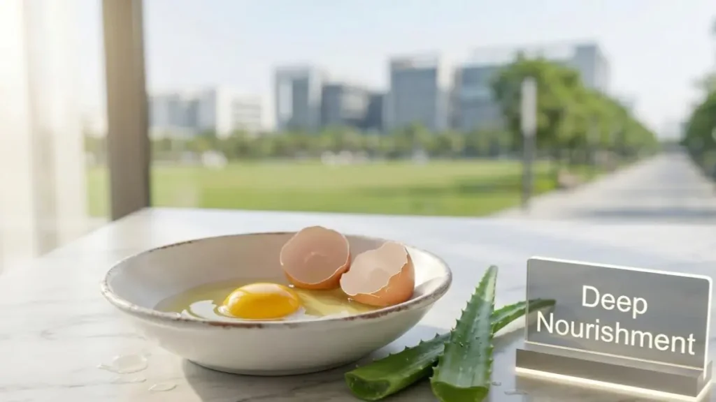 Fresh egg and aloe vera on a stylish desk representing natural hair nourishment.