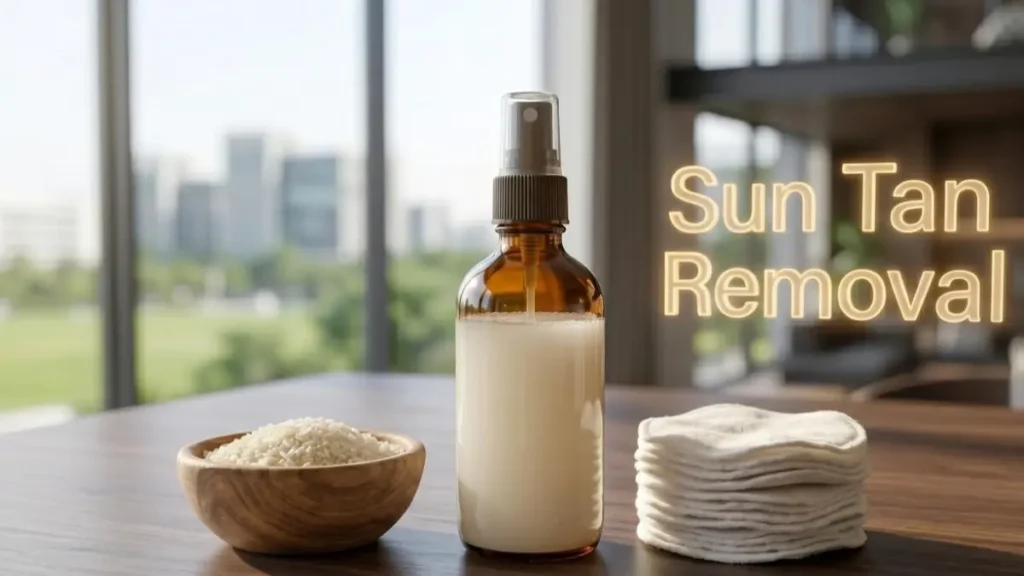 Rice water for skin whitening :Rice water toner spray and cotton pads on a desk highlighting tan removal.