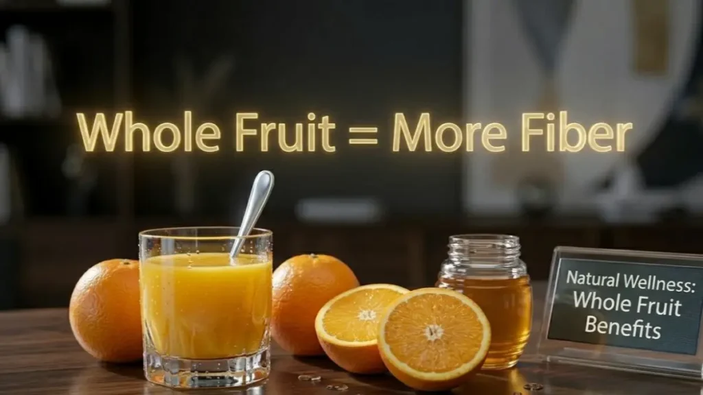 Fresh orange juice and whole fruit on a desk highlighting the importance of fiber.