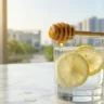 Warm lemon water and honey on a stylish desk representing the first step of Weight Loss Tips.