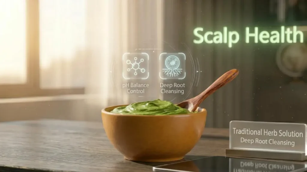 Neem hair mask bowl on a desk representing scalp hydration and pH balance.