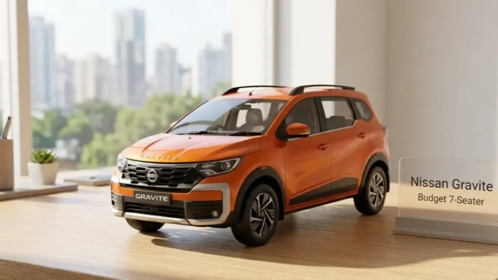 Nissan Gravite on a stylish desk highlighting its compact 7-seater MPV design.