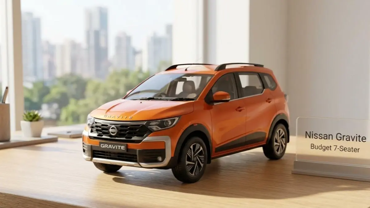 Nissan Gravite on a stylish desk highlighting its compact 7-seater MPV design.
