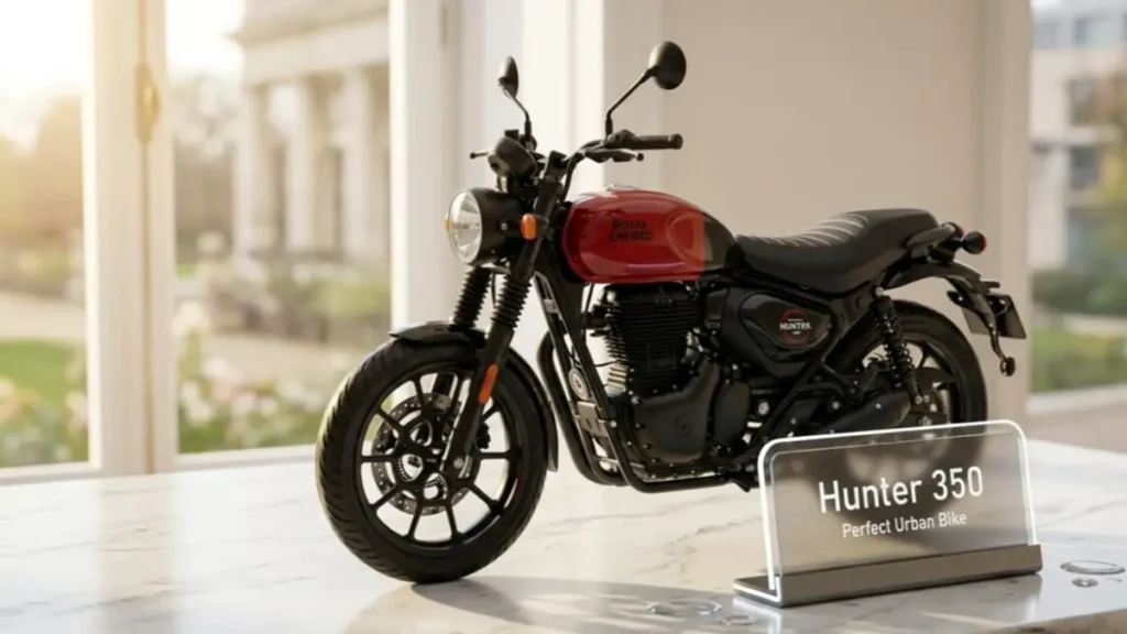 Royal Enfield Hunter 350 on a stylish desk highlighting its modern-retro urban design.