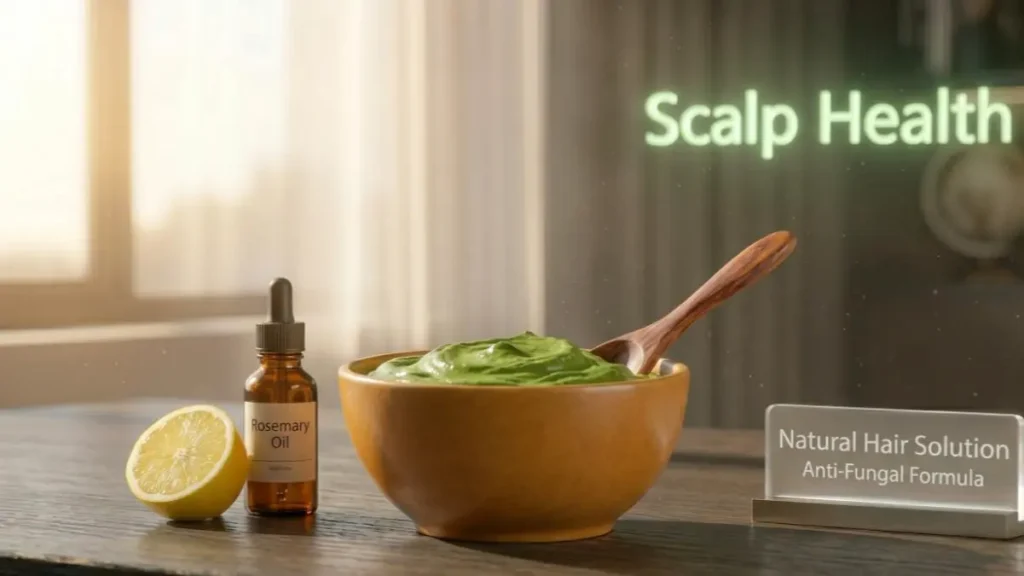 Preparation of neem hair mask paste on a desk highlighting its anti-fungal properties.