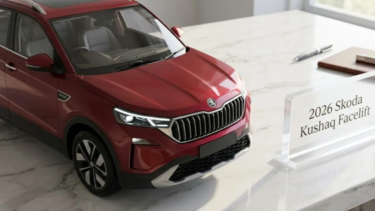 2026 Skoda Kushaq Facelift on a stylish desk showcasing its premium European design.