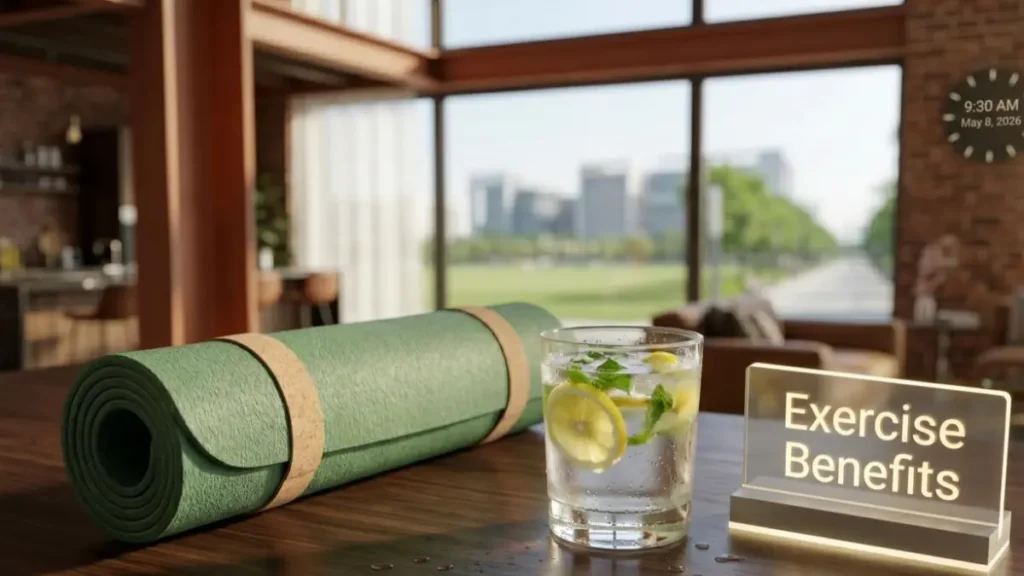 Yoga mat and infused water on a desk highlighting natural exercise benefits