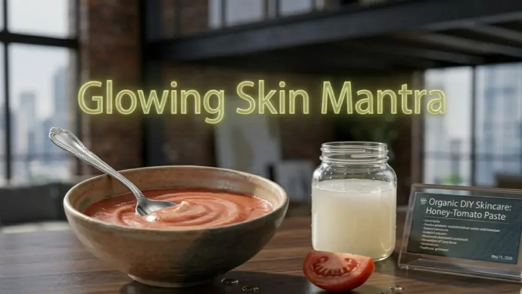 A homemade face pack bowl on a desk highlighting natural glow remedies.