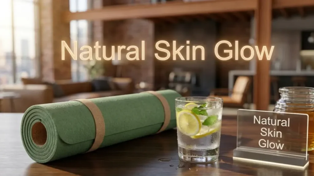 Yoga mat and lemon water on a desk highlighting the connection between exercise and skin health.