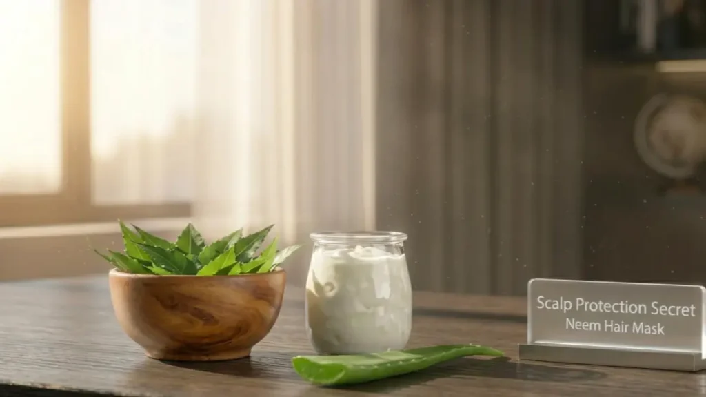 Fresh neem leaves and yogurt on a stylish desk representing a natural hair care mask.