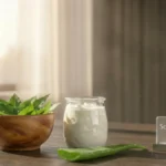 Fresh neem leaves and yogurt on a stylish desk representing a natural hair care mask.