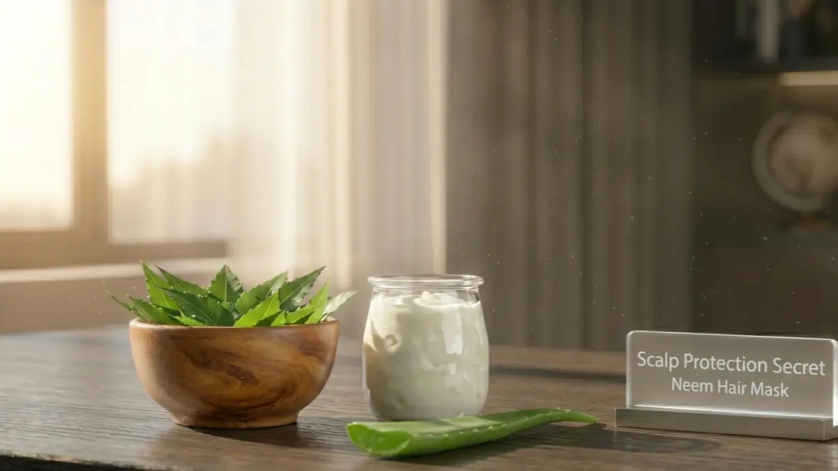 Fresh neem leaves and yogurt on a stylish desk representing a natural hair care mask.
