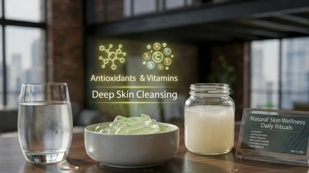 Aloe vera and tech elements on a desk representing natural skin cleansing.