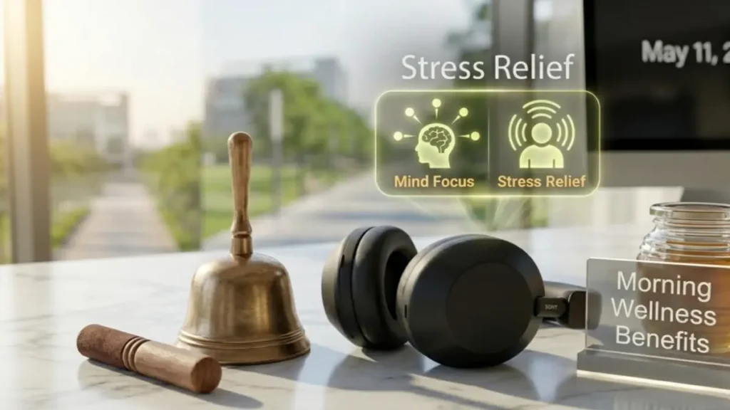 Morning Exercise Benefits Headphones and meditation bell on a desk representing mental peace and focus.