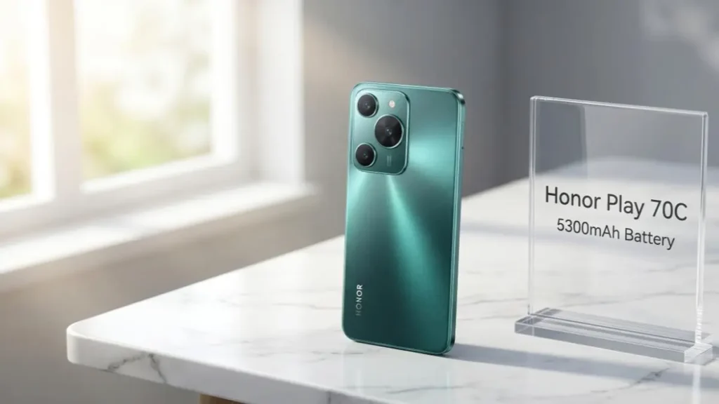 Honor Play 70C smartphone on a stylish desk highlighting its premium design and large battery.