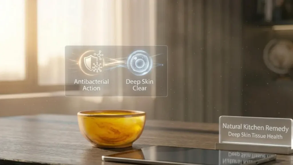 Turmeric water glass on a desk representing skin health and antibacterial protection.