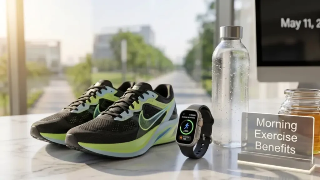 Fitness gear and a smartwatch on a stylish desk representing the start of a healthy morning routine.