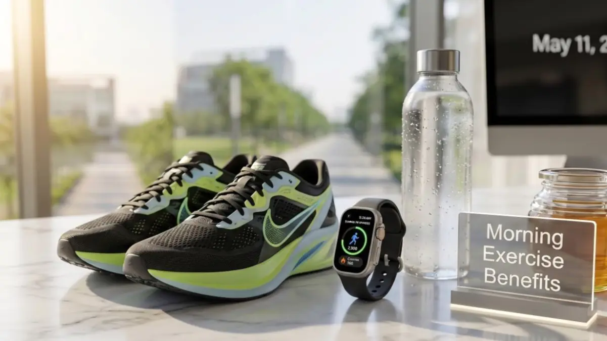 Fitness gear and a smartwatch on a stylish desk representing the start of a healthy morning routine.