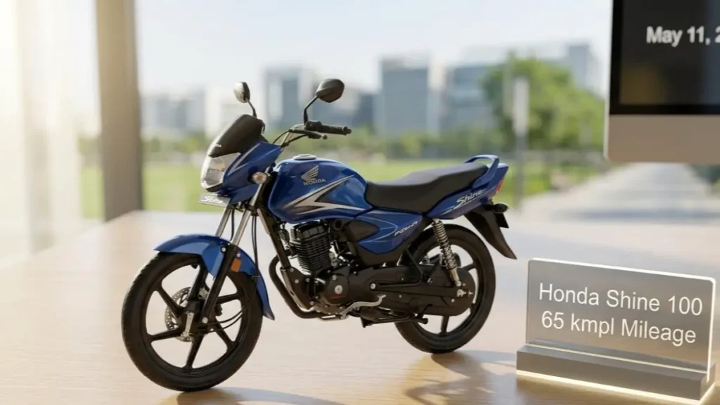 Honda Shine 100 on a stylish desk highlighting its commuter design and high mileage.