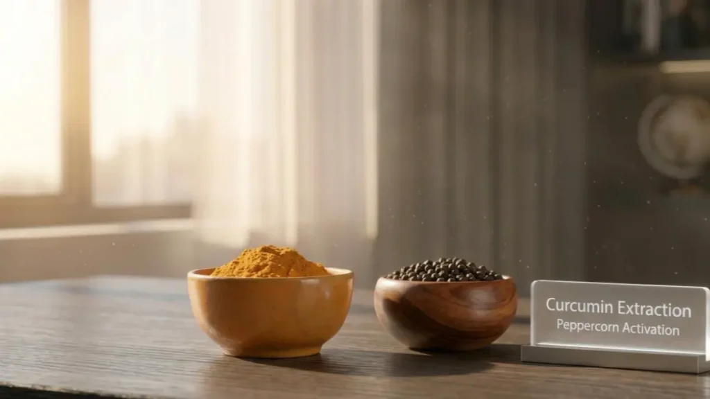 Turmeric powder and black pepper on a desk highlighting the ingredients for turmeric water.