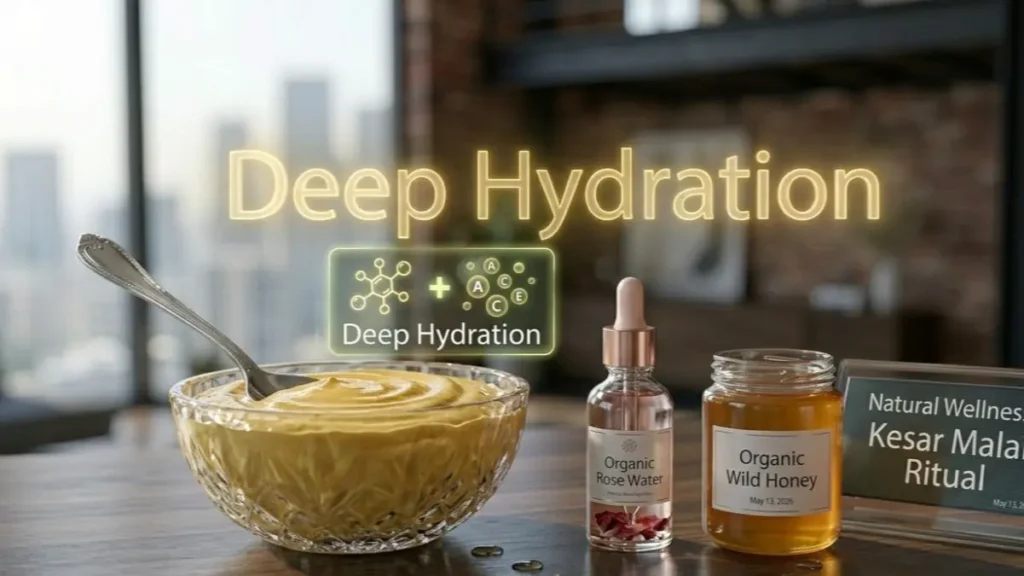 Preparation of Kesar Malai Face Pack on a desk highlighting its moisturizing benefits.