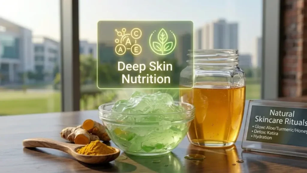 Aloe vera and turmeric on a desk representing deep skin nourishment and vitamins.