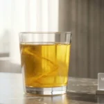 A glass of golden turmeric water on a stylish desk representing a healthy morning routine