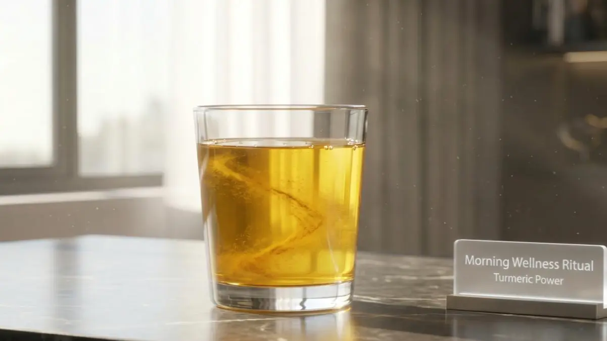 A glass of golden turmeric water on a stylish desk representing a healthy morning routine