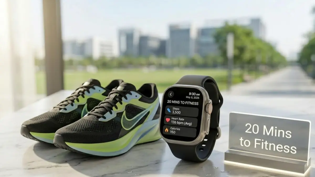 A fitness tracker and shoes on a stylish desk representing the start of a 20-minute workout routine.