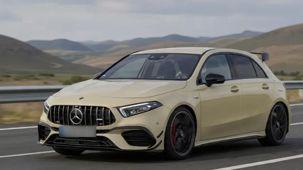 Side profile of Mercedes AMG A45 S Aero Track Edition showcasing its sporty elements.