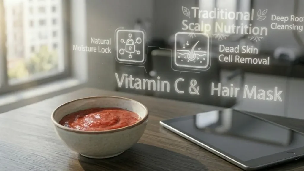 Homemade fruit face mask on a desk with a digital graphic overlay showing skin cell repair data.