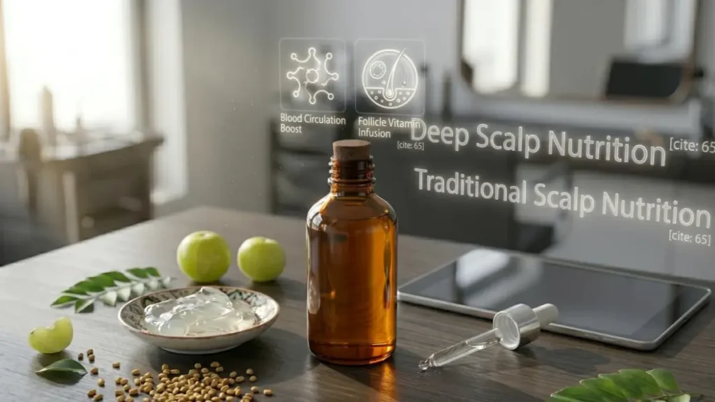 Homemade hair care oil on a desk with a digital graphic overlay showing follicle activation data.