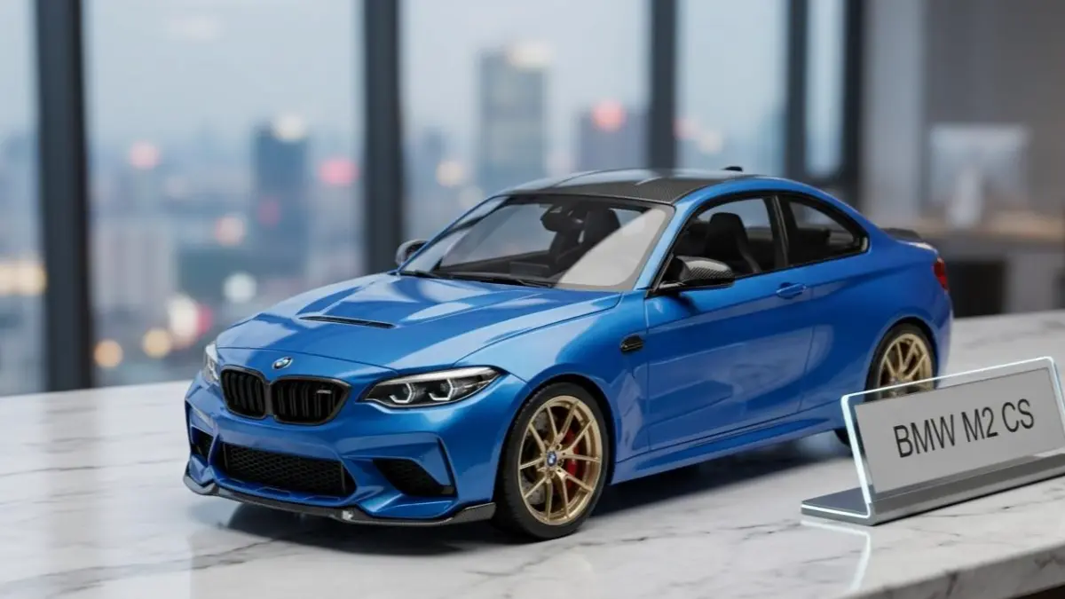 BMW M2 CS on a luxury desk showcasing its aggressive sports design.