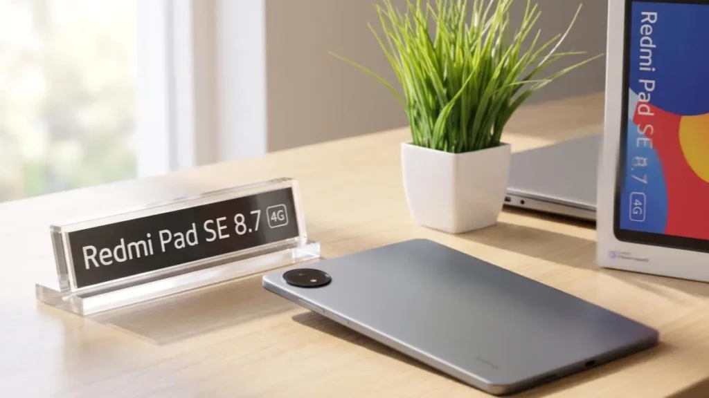 Xiaomi Redmi Pad SE 8.7 4G tablet on a stylish desk highlighting its compact and portable design.