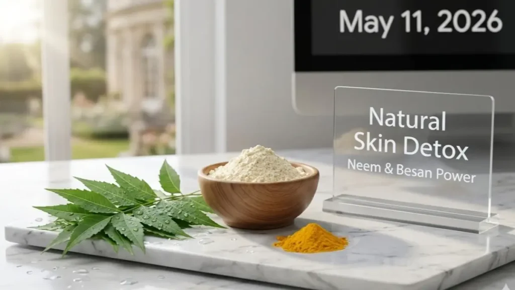 Fresh neem leaves and besan in a bowl on a stylish desk representing a natural face pack.