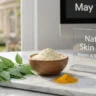 Fresh neem leaves and besan in a bowl on a stylish desk representing a natural face pack.