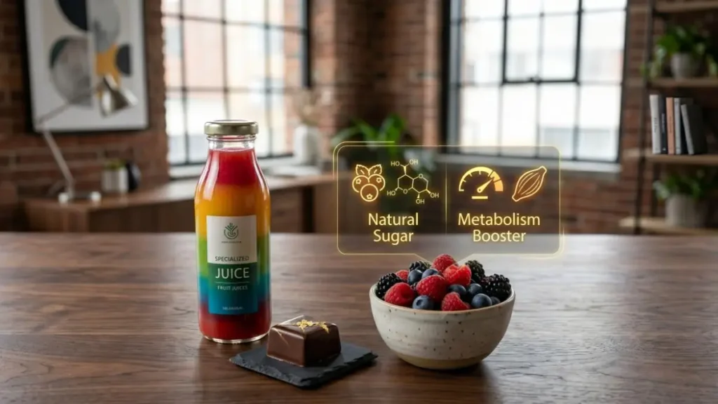 Cold drinks and fruits on a desk representing the sugar-related Weight Loss Mistakes.