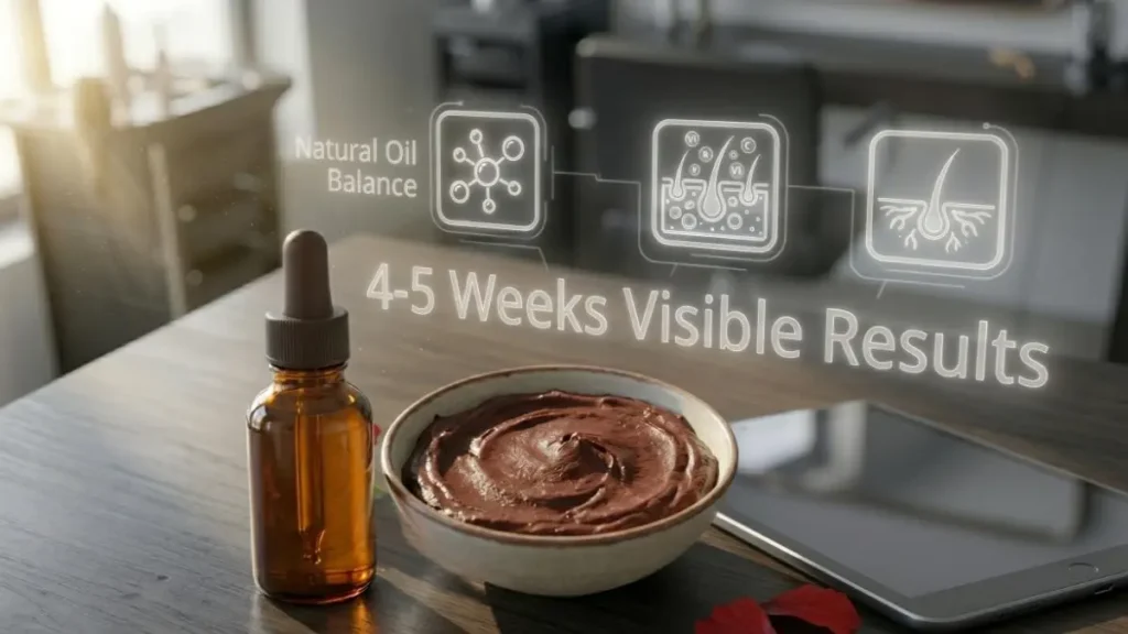 Natural hair mask on a desk with a digital overlay showing scalp hydration data.