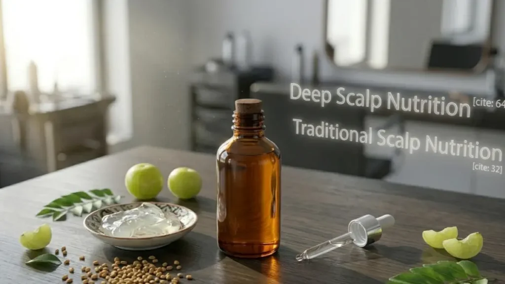 A glass bottle of homemade hair oil on a desk showcasing the finished organic product.