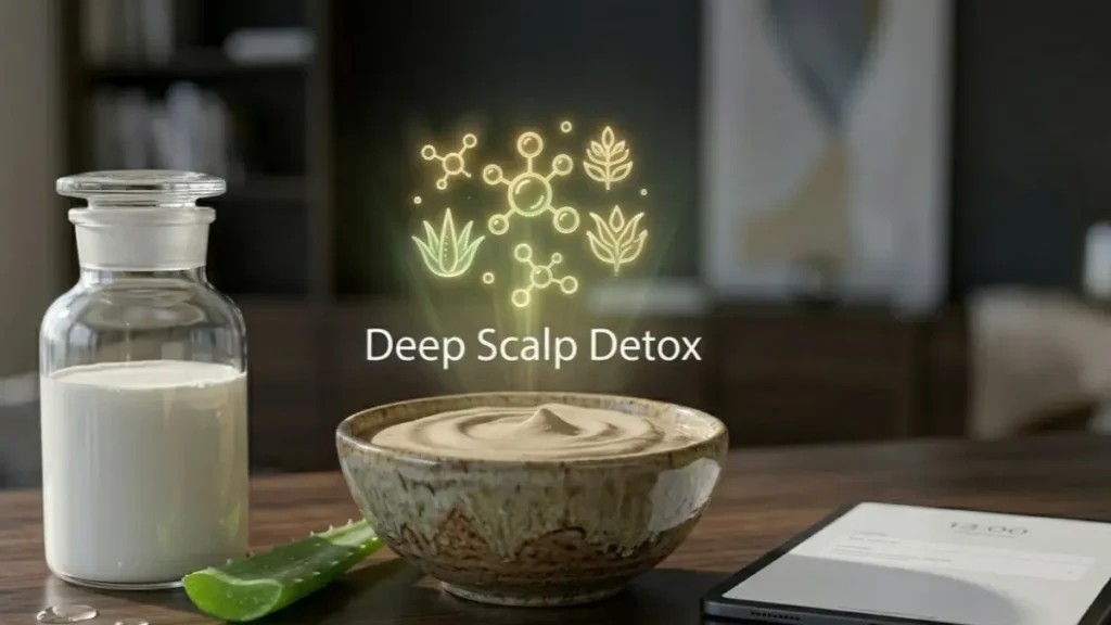 Multani Mitti Hair Pack: Multani Mitti and milk on a desk representing deep scalp cleansing and nourishment.
